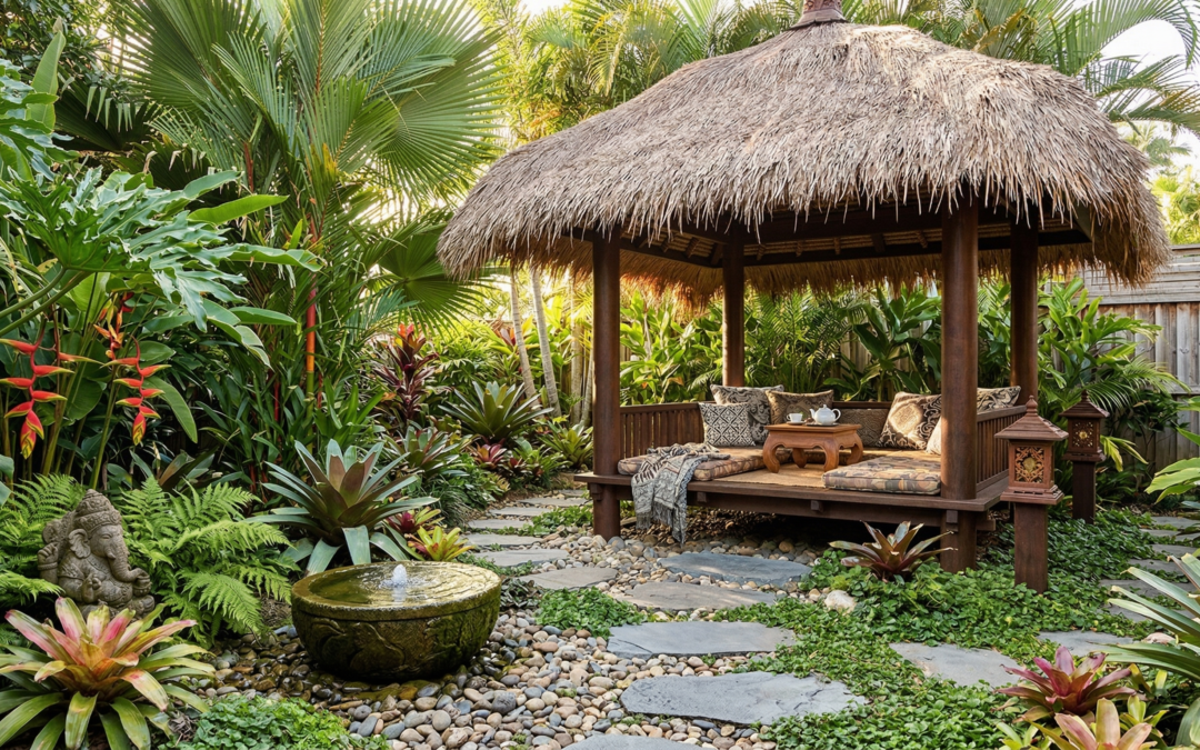 A beautifully landscaped Australian backyard featuring a traditional Balinese-style thatch-roof gazebo as the central masterpiece. The scene includes lush tropical plants like palms, ferns, and bromeliads surrounding a winding pathway of natural stone pavers and river pebbles. A stone water feature and a small Ganesha statue are nestled among the greenery, creating a serene, resort-style garden sanctuary.