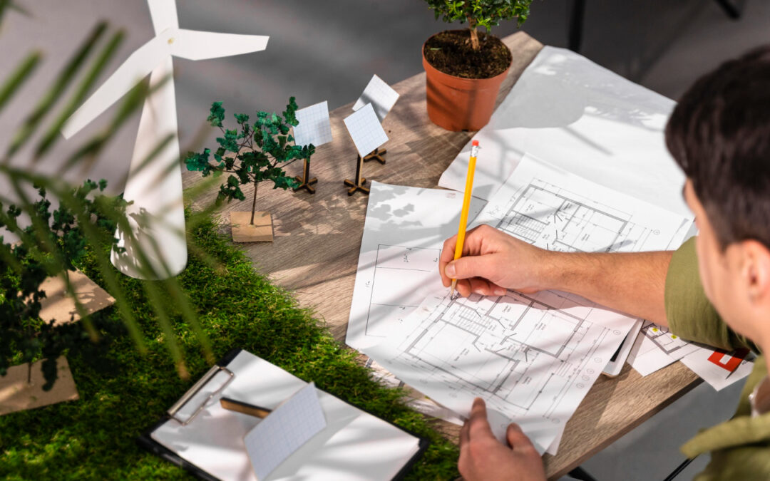 Person reviewing outdoor landscaping plans with miniature wind turbine, solar panels, and trees on a design workspace.