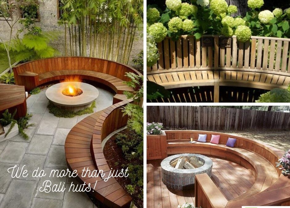 Curved wooden garden seating areas with fire pits, surrounded by lush greenery.